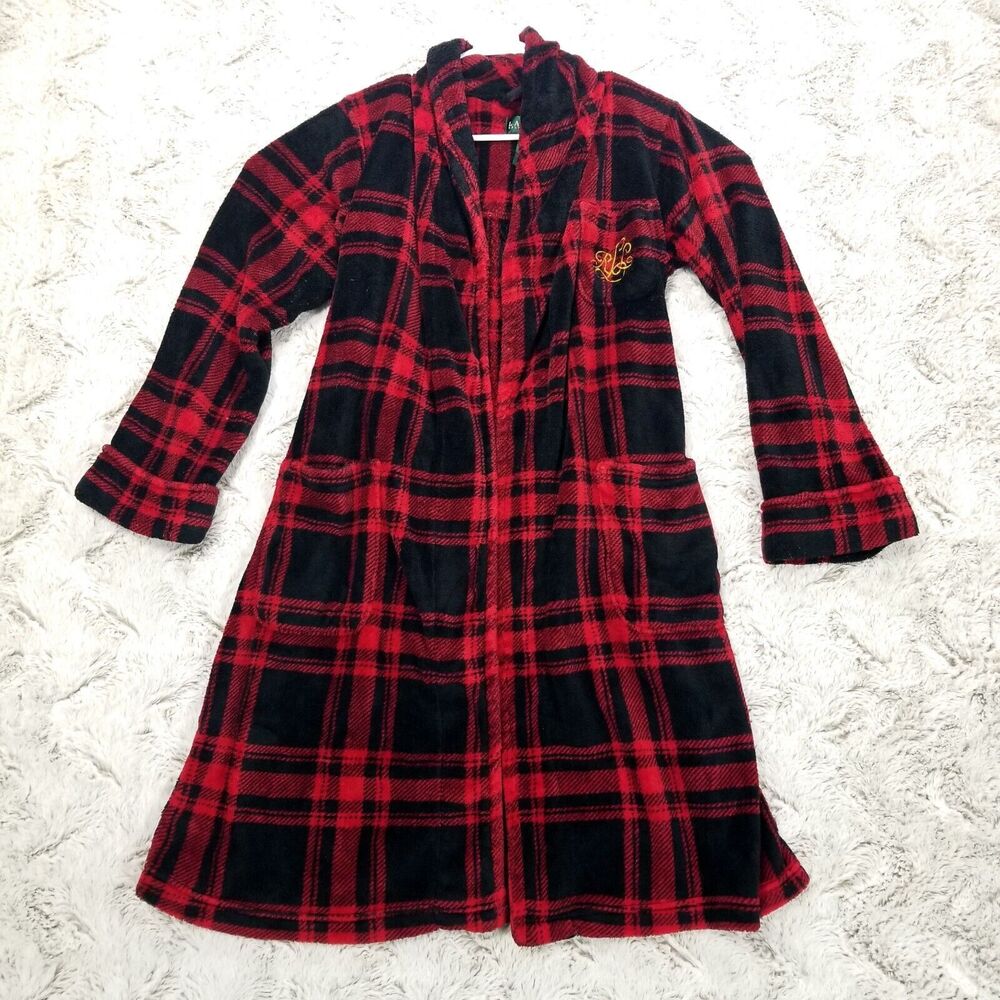 Lauren Ralph Lauren Shawl Mens Collar Plush Robe Wrap Red Plaid Small